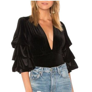 Misa Linde Black‎ Velvet Ruffle Sleeve V Neck Bodysuit Fairy Renaissance Glam SM